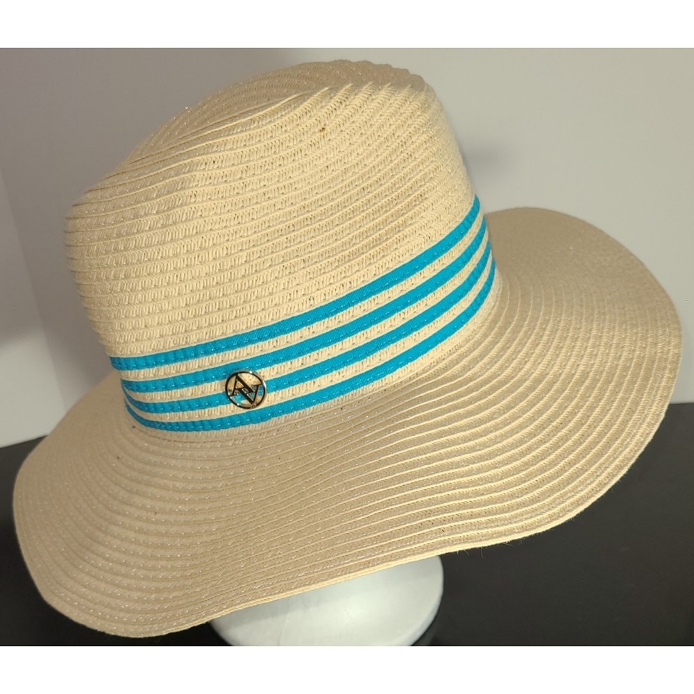NWOT Adrienne Vittadini Wide-Brimmed Sun Hat Aqua 3 Band Resort Beach Lux